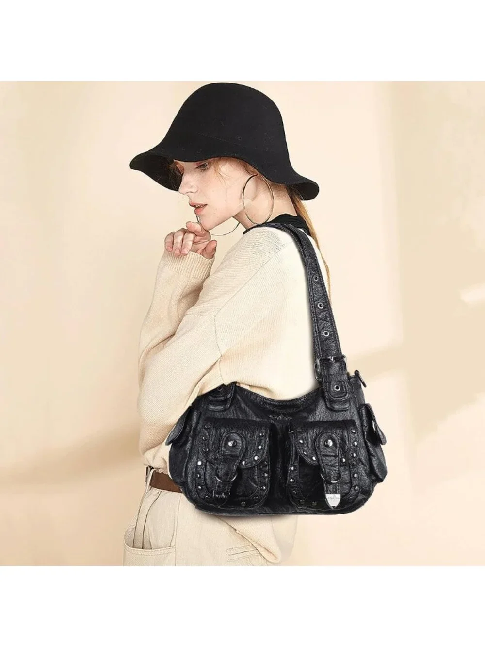 Stylish Multi-Pocket Hobo Bag for Women | Studded Shoulder Tote | Y2K Fashion
